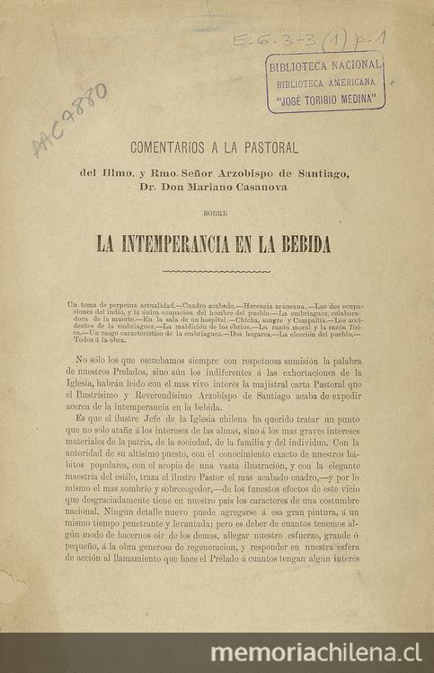 Comentarios a la pastoral del illmo. y Rmo. Señor Arzobispo de Santiago, Dr. Don Mariano Casanova sobre la intemperancia en la bebida.