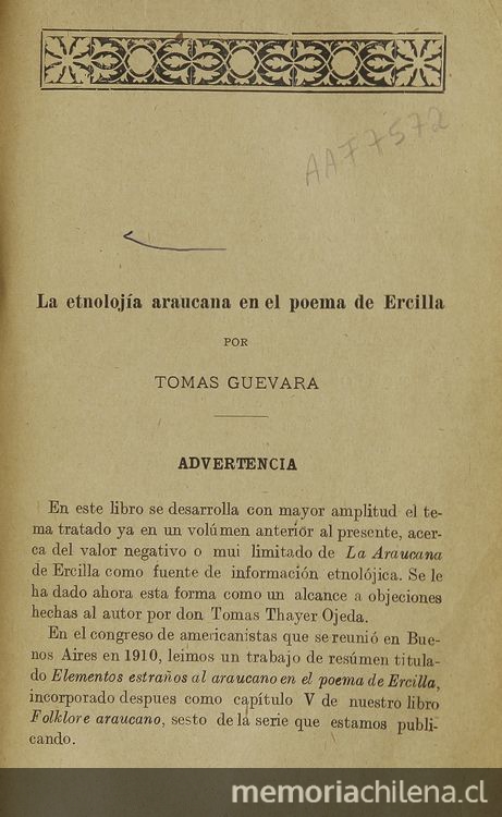 La etnolojía araucana en el poema de Ercilla