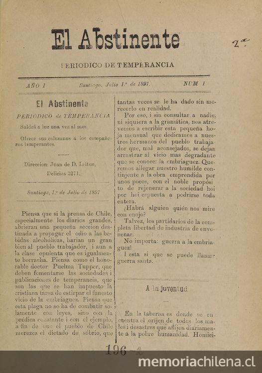 El Abstinente Año I: nº1, 1 de julio de 1897