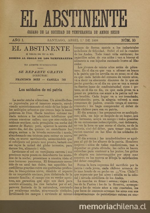 El Abstinente Año I: nº10, 1 de abril de 1898