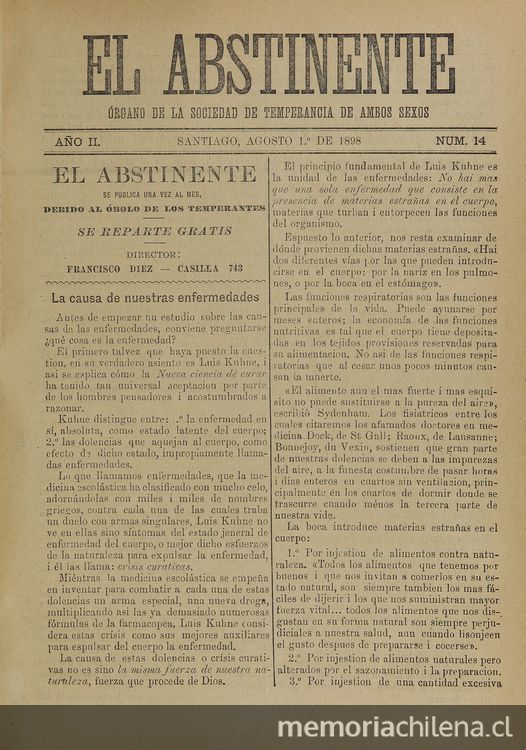 El Abstinente Año II: nº14, 1 de agosto de 1898