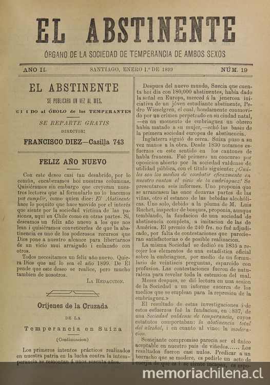 El Abstinente Año II: nº19, 1 de enero de 1899