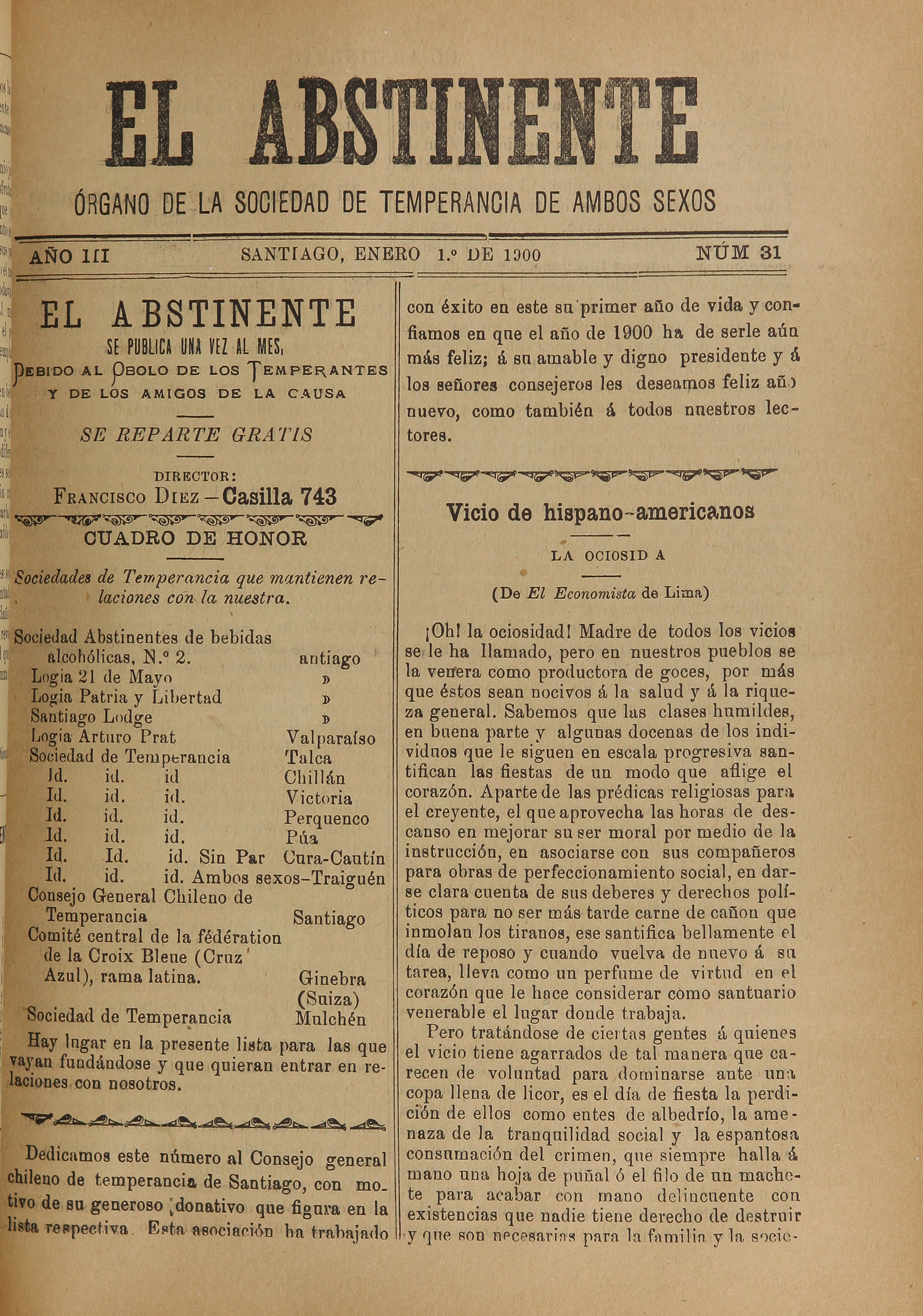 El Abstinente Año III: nº31, 1 de enero de 1900