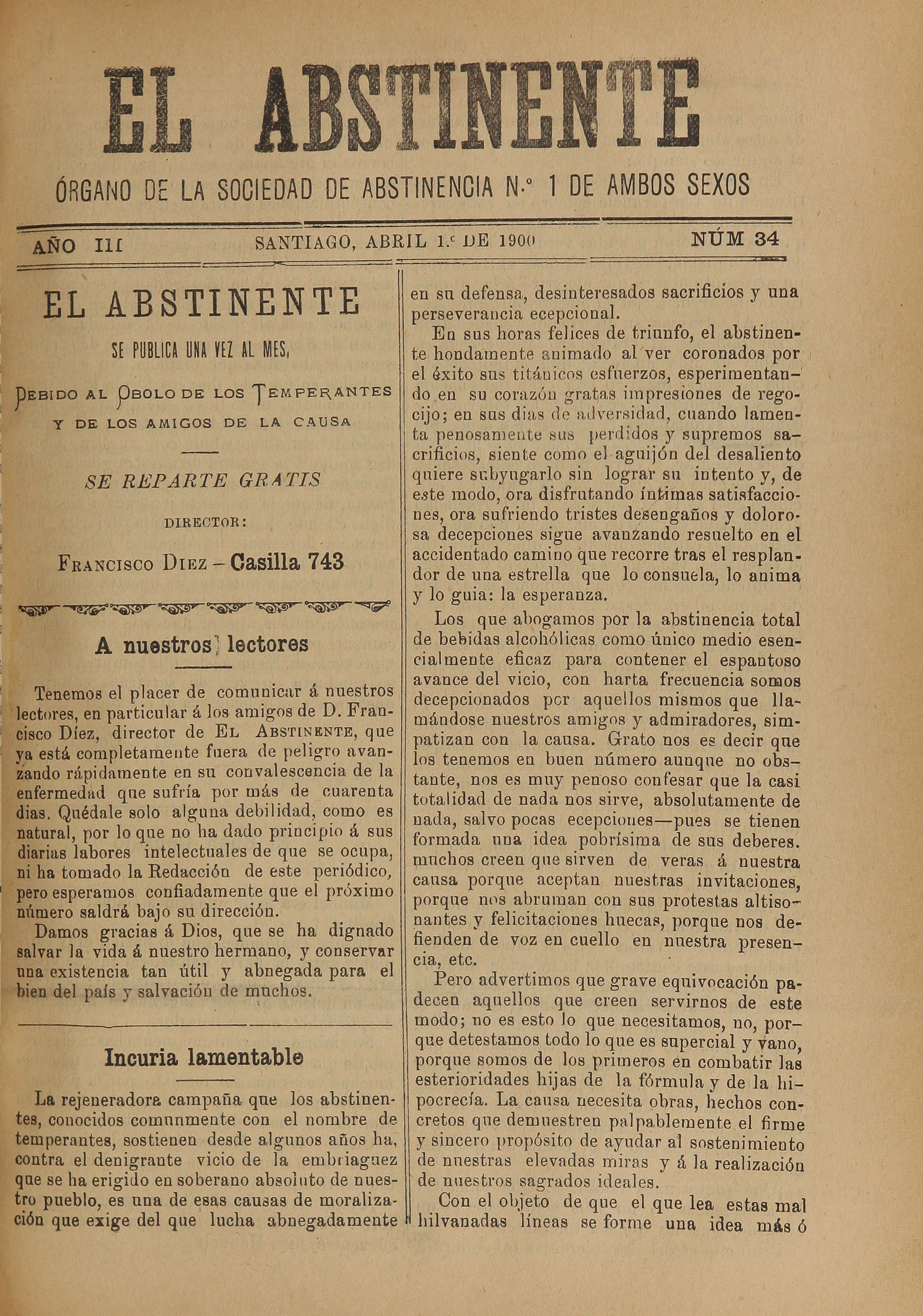 El Abstinente Año III: nº34, 1 de abril de 1900