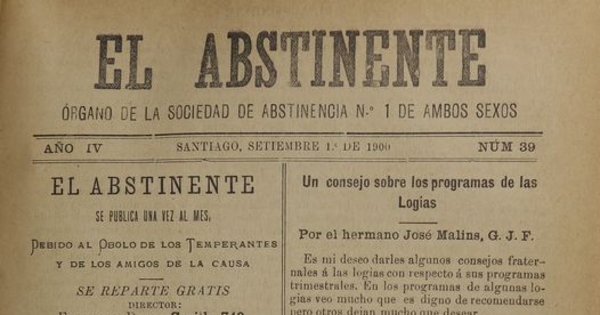 El Abstinente Año IV: nº39, 1 de septiembre de 1900