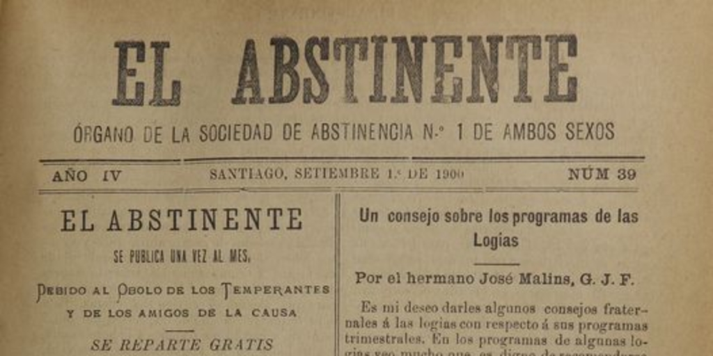 El Abstinente Año IV: nº39, 1 de septiembre de 1900