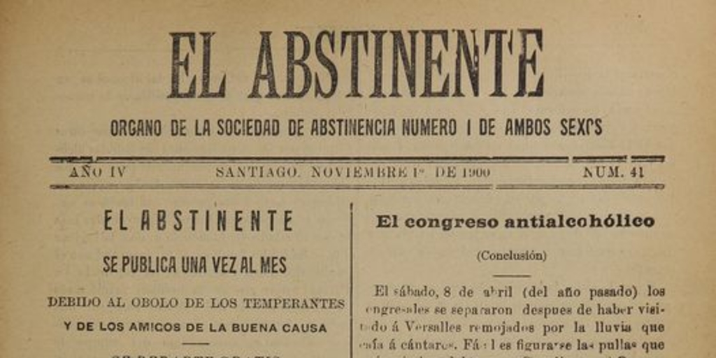 El Abstinente Año IV: nº41, 1 de noviembre de 1900