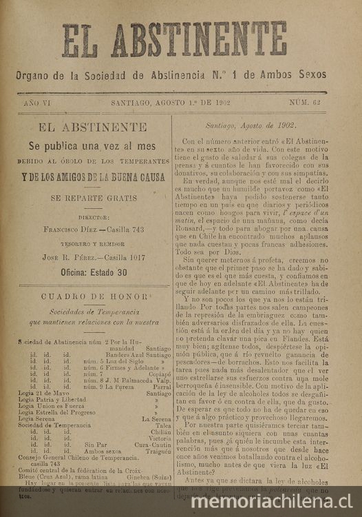 El Abstinente Año VI: nº62, 1 de agosto de 1902