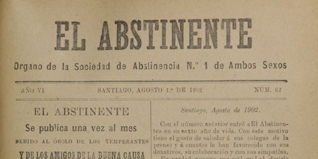 El Abstinente Año VI: nº62, 1 de agosto de 1902