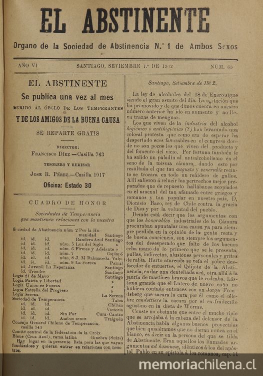 El Abstinente Año VI: nº63, 1 de septiembre de 1902