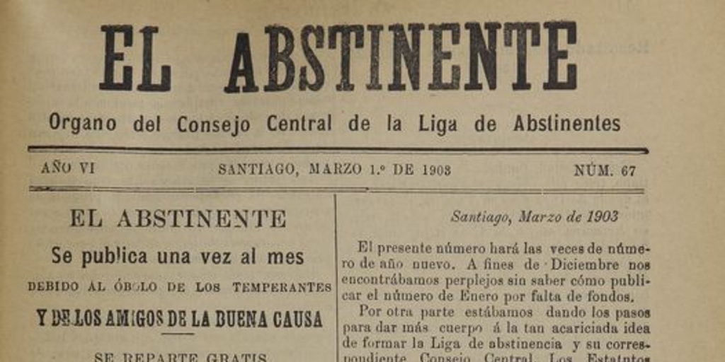 El Abstinente Año VI: nº67, 1 de marzo de 1903