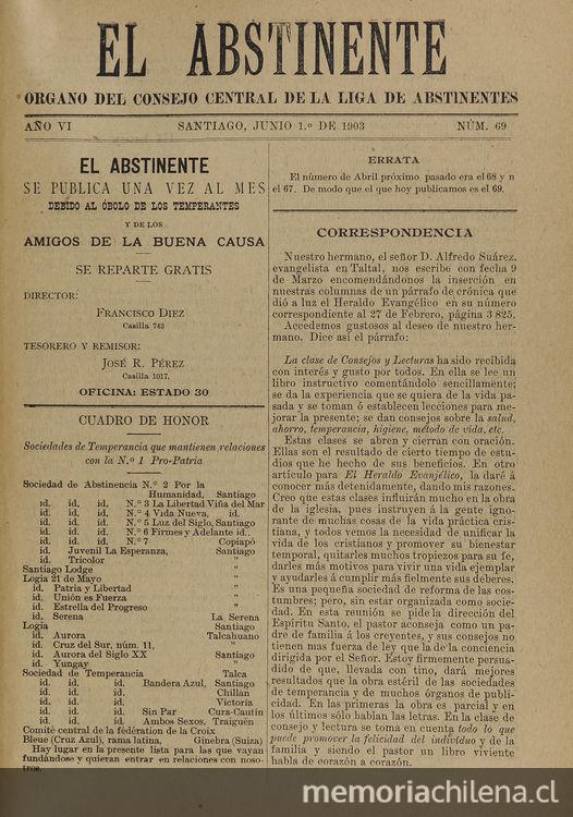 El Abstinente Año VI: nº69, 1 de junio de 1903