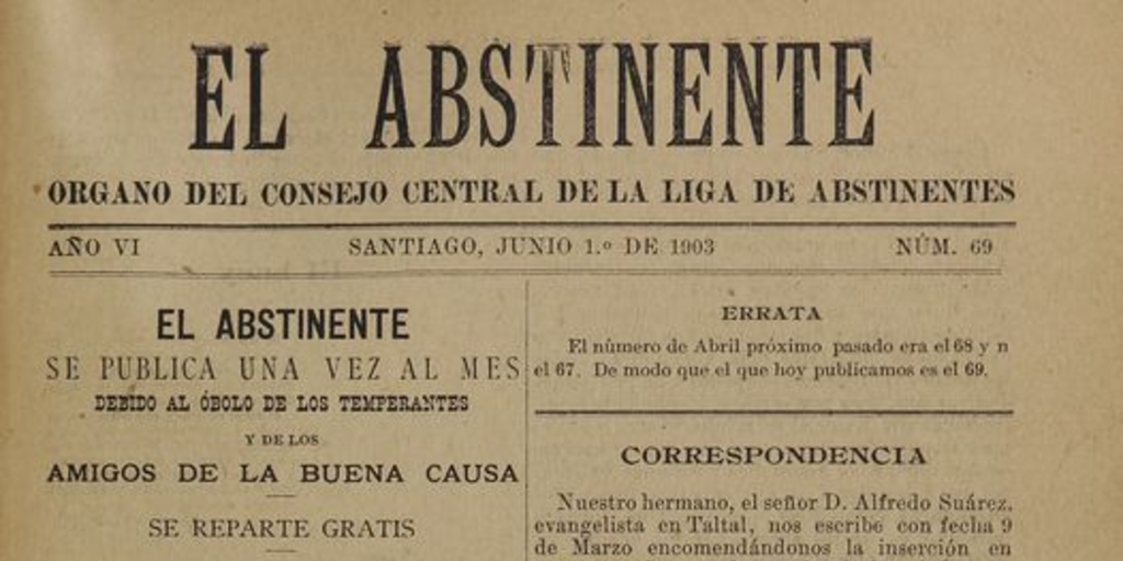 El Abstinente Año VI: nº69, 1 de junio de 1903