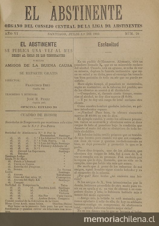 El Abstinente Año VI: nº70, 1 de julio de 1903