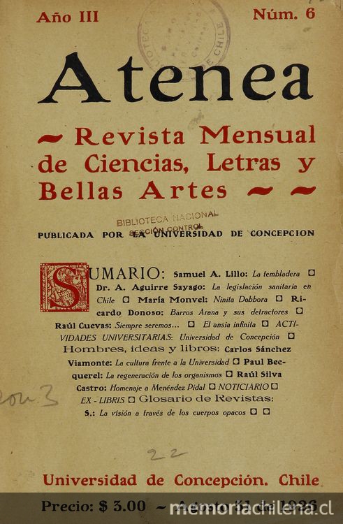 Atenea: año 3, número 6, agosto de 1926