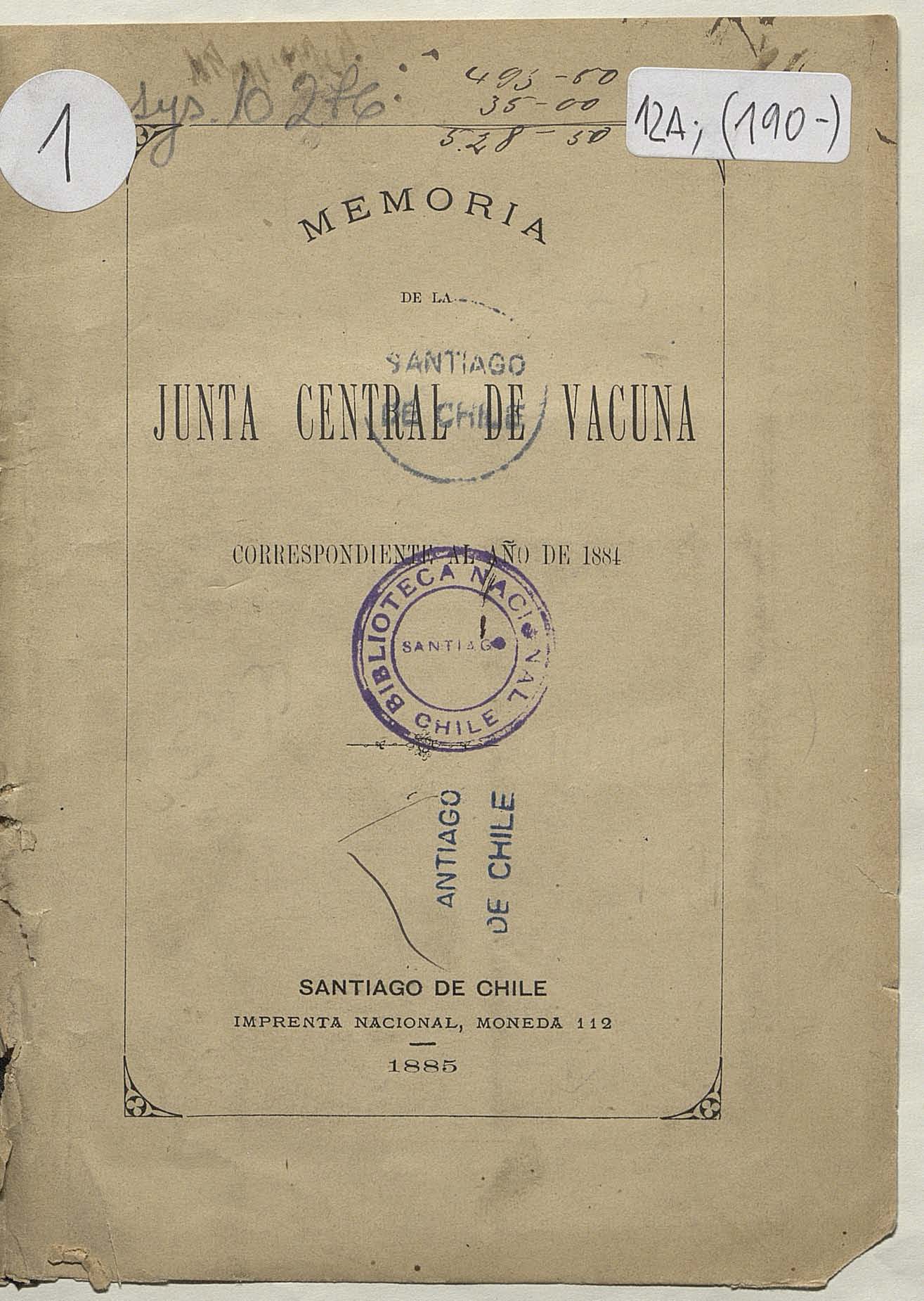 Memoria de la Junta Central de Vacuna correspondiente a 1884