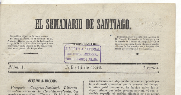 El Semanario de Santiago número 1, 14 de julio de 1842