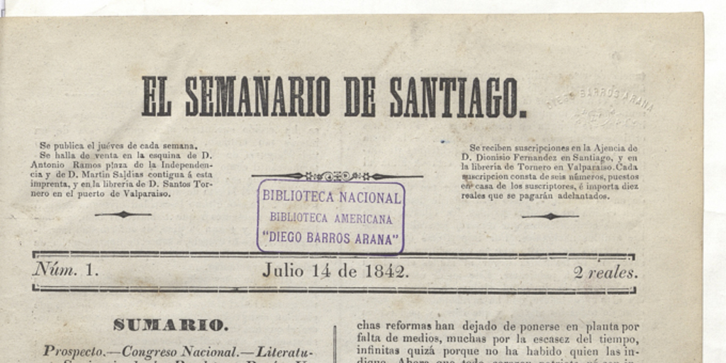 El Semanario de Santiago número 1, 14 de julio de 1842