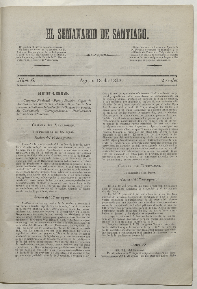 El Semanario de Santiago: número 6, 18 de agosto de 1842