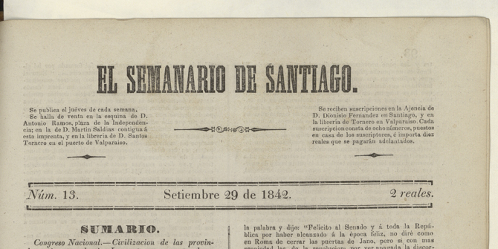 El Semanario de Santiago: número 13, 29 de septiembre de 1842