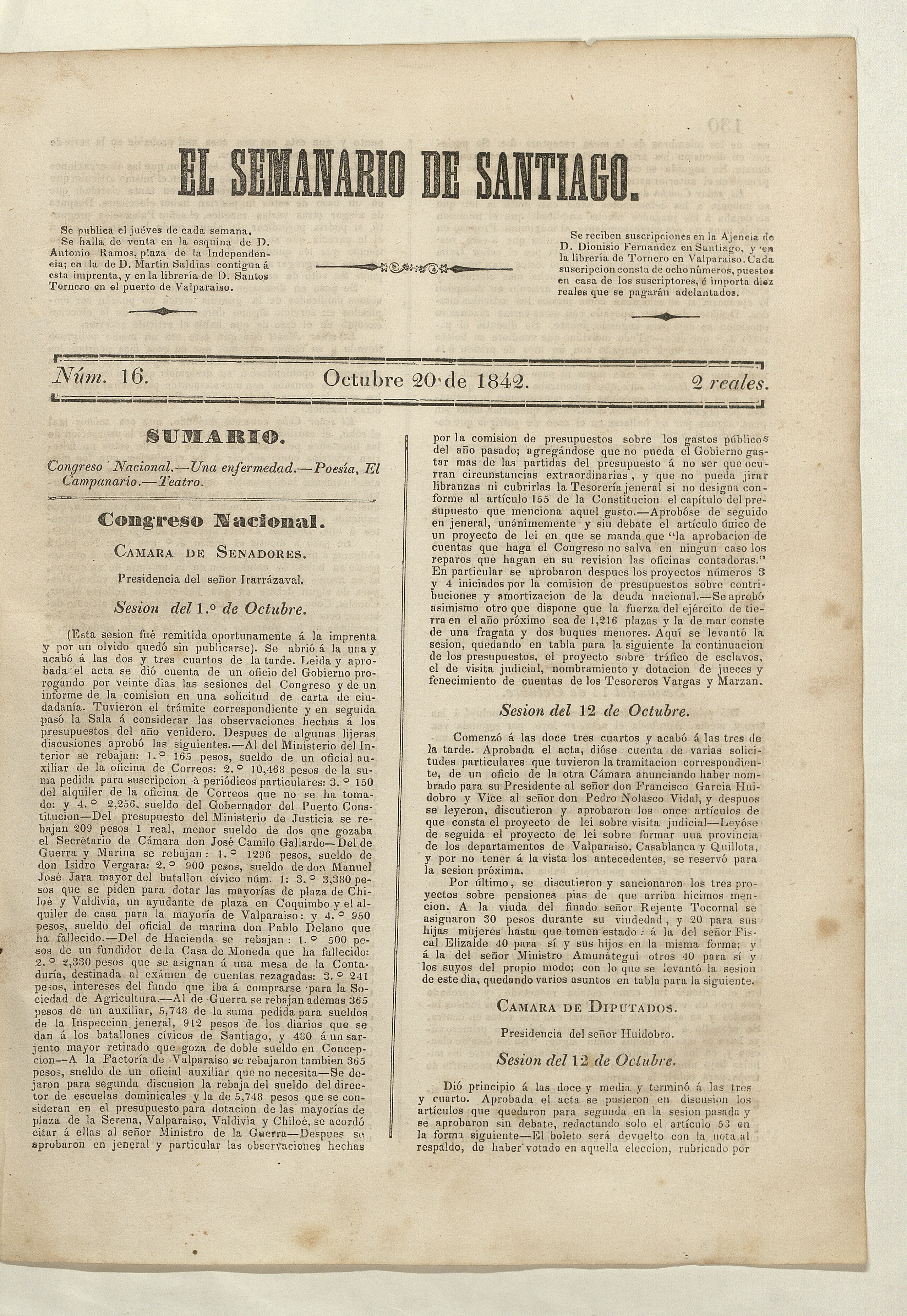 El Semanario de Santiago: número 16, 20 de octubre de 1842