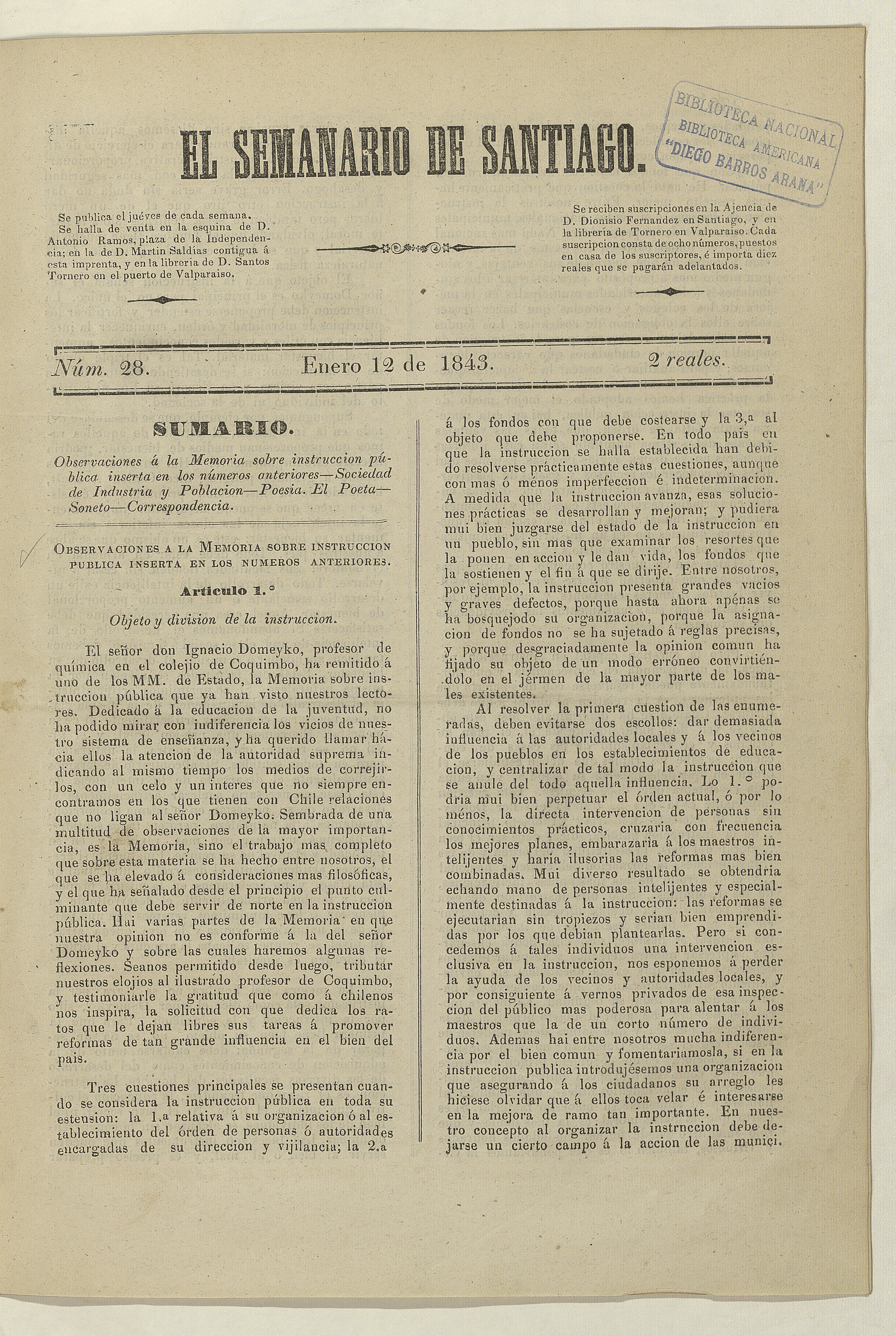 El Semanario de Santiago: número 28, 12 de enero de 1843