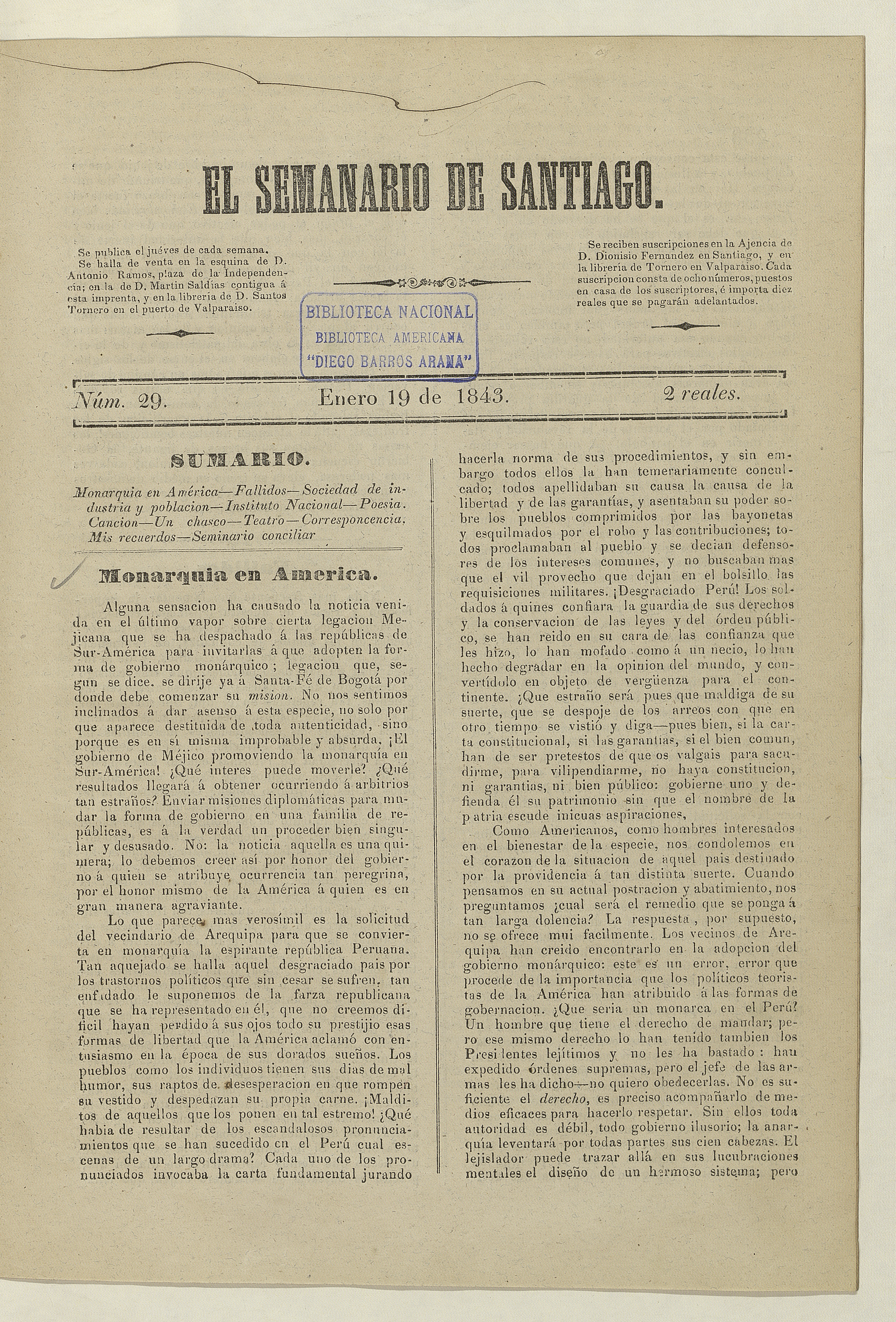 El Semanario de Santiago: número 29, 19 de enero de 1843