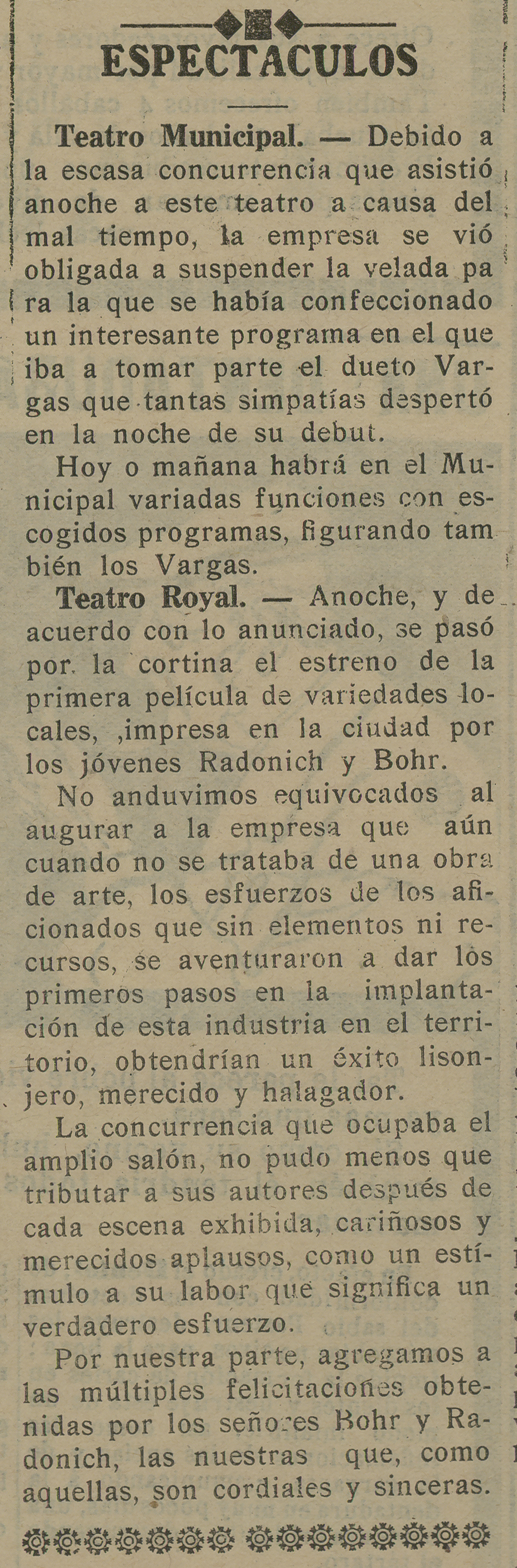 Espectáculos. Diario El Magallanes. Punta Arenas. 29 de marzo de 1919, p.7