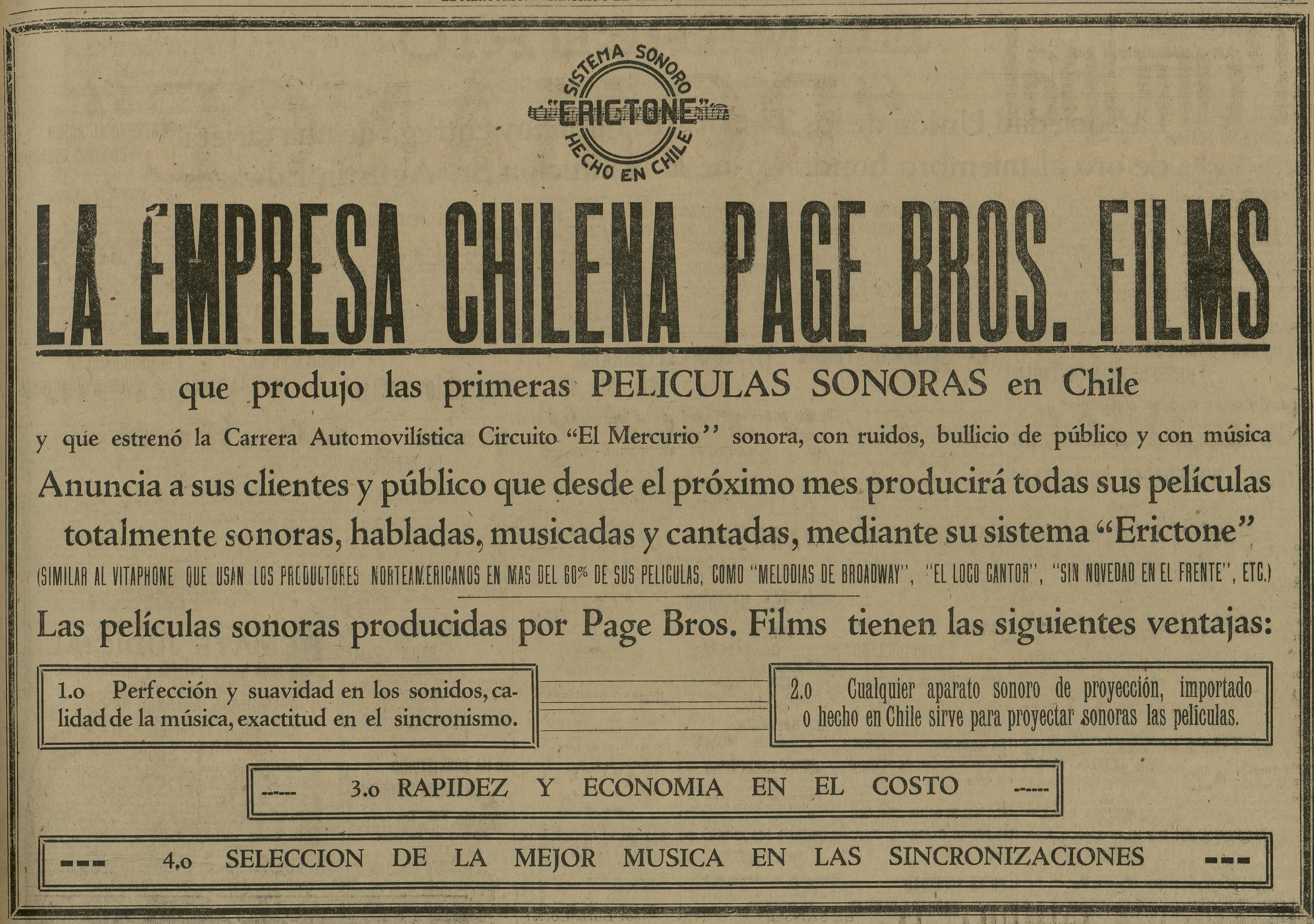 La empresa chilena Page Bros. Films que produjo las primeras películas sonoras en Chile