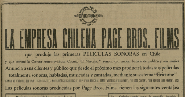 La empresa chilena Page Bros. Films que produjo las primeras películas sonoras en Chile