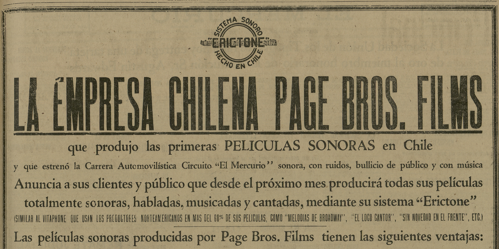 La empresa chilena Page Bros. Films que produjo las primeras películas sonoras en Chile