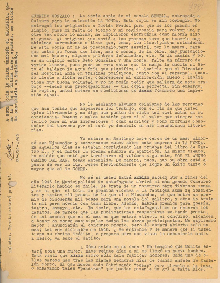 [Carta] 1945 dic. 20, Rancagua, Chile [a] Gonzalo Drago[manuscrito] /Baltazar Castro.