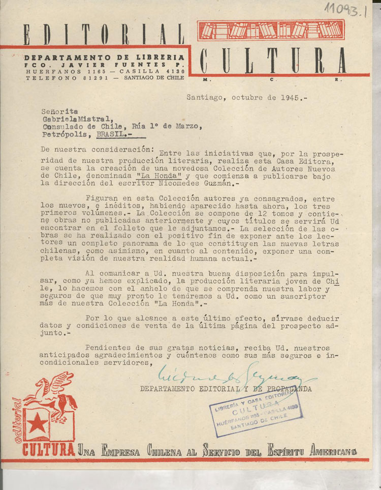 [Carta] 1945 ago. 30, Santiago, Chile [a] Gonzalo Drago[manuscrito] /Nicomedes Guzmán.