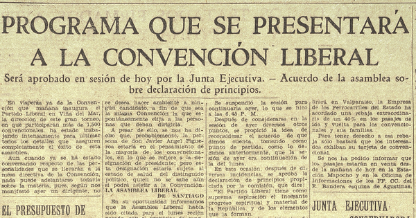 "Programa que se presentará a la Convención Liberal", Diario El mercurio, Santiago, miércoles 11 de octubre de 1933