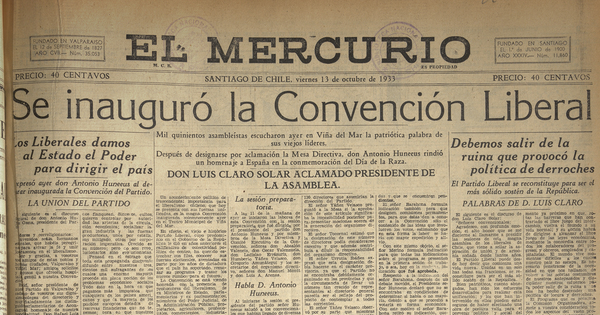 " Se inaguró la Convención Liberal", Diario El Mercurio, Santiago, viernes 13 de octubre de 1933