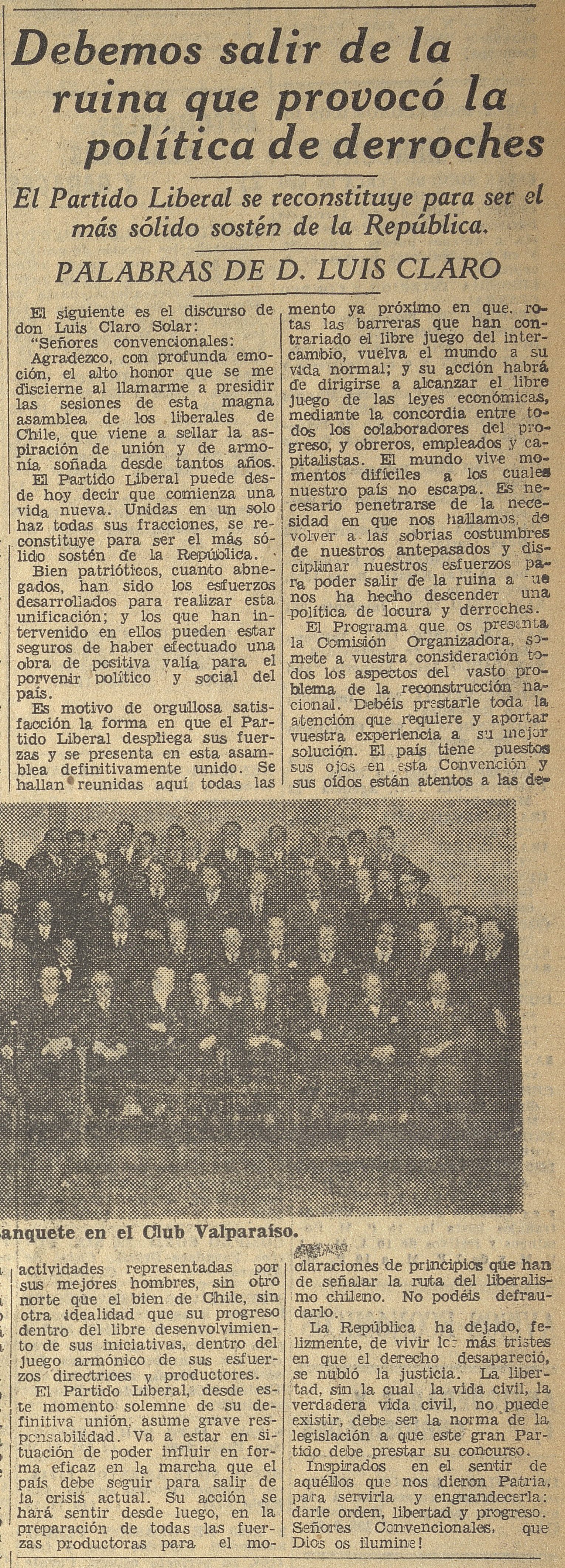 Claro, Luis D, "Debemos salir de la rutina que provocó la política de derroches", Diario El Mercurio, Santiago, viernes 13 de octubre de 1933. Portada