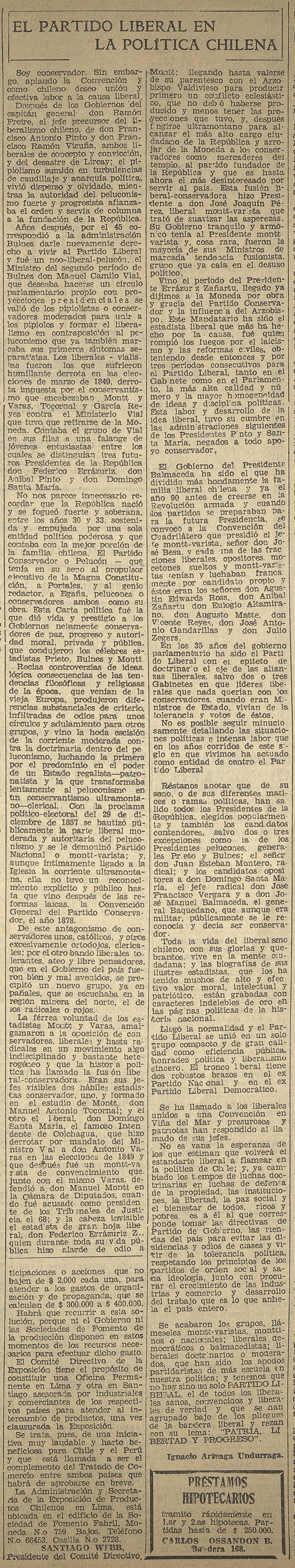 El Partido Liberal en la política chilena. El Mercurio. Santiago, viernes 13 de octubre de 1933. Portada