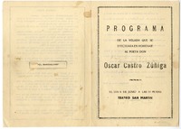 Programa de la velada [fúnebre] que se efectuará en homenaje al poeta Oscar Castro Zúñiga : el día 6 de junio a las 10 horas, Teatro San Martín.