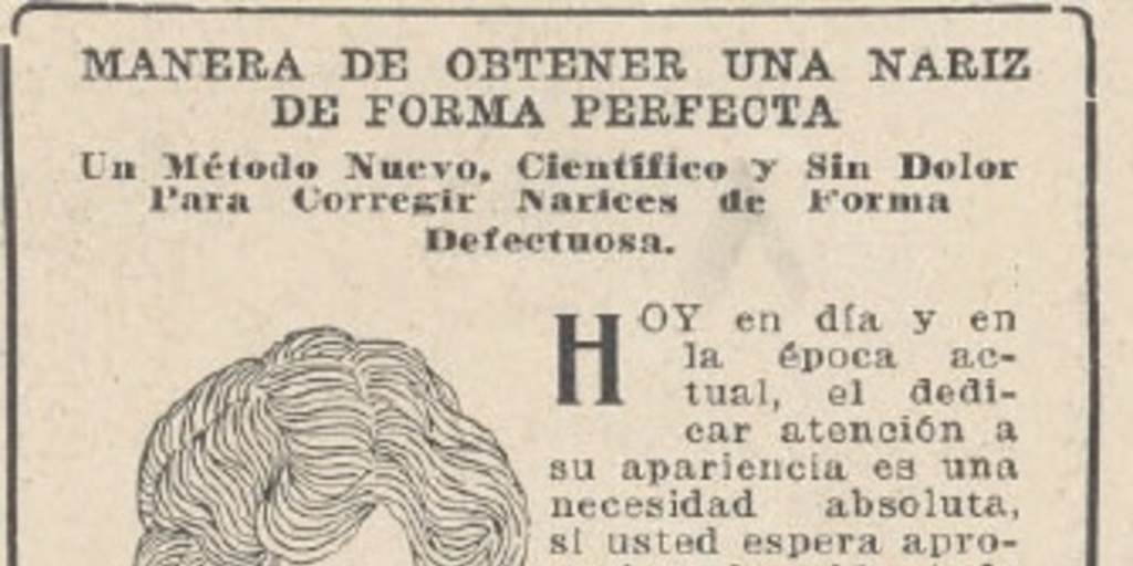 Aviso publicitario: Manera de obtener una nariz de forma perfecta, 1928