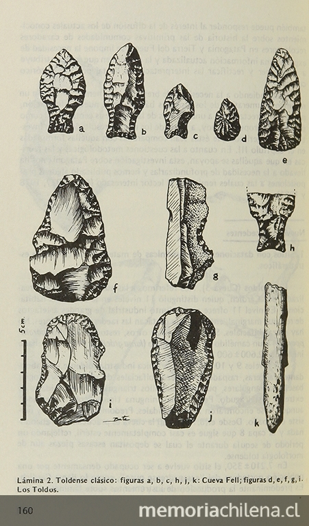 Industria lítica de cueva Los Toldos y cueva Fell. Toldense clásico (9.000 a.C.)Orígenes de la comunidad primitiva en Patagonia, México, Ediciones Cuicuilco, 1982.