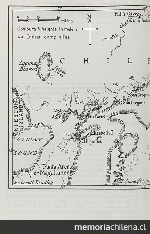 Mapa con sitios arqueológicos excavados por Junius Bird en Megallanes: Cañadón Leona, Fell, Palli Aike y Cerro Sota.Viajes y arqueología en Chile austral.