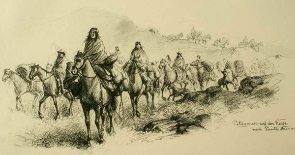 Indígenas aónikenk viajando a Punta Arenas para vender pieles, 1884
