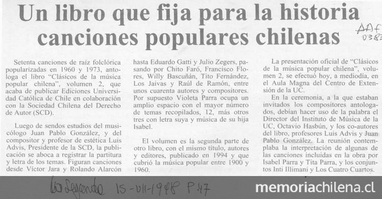 Un libro que fija para la historia canciones populares chilenas