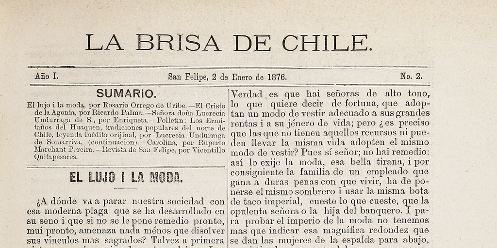 La brisa de Chile. Año 1, número 2, 2 de enero de 1876