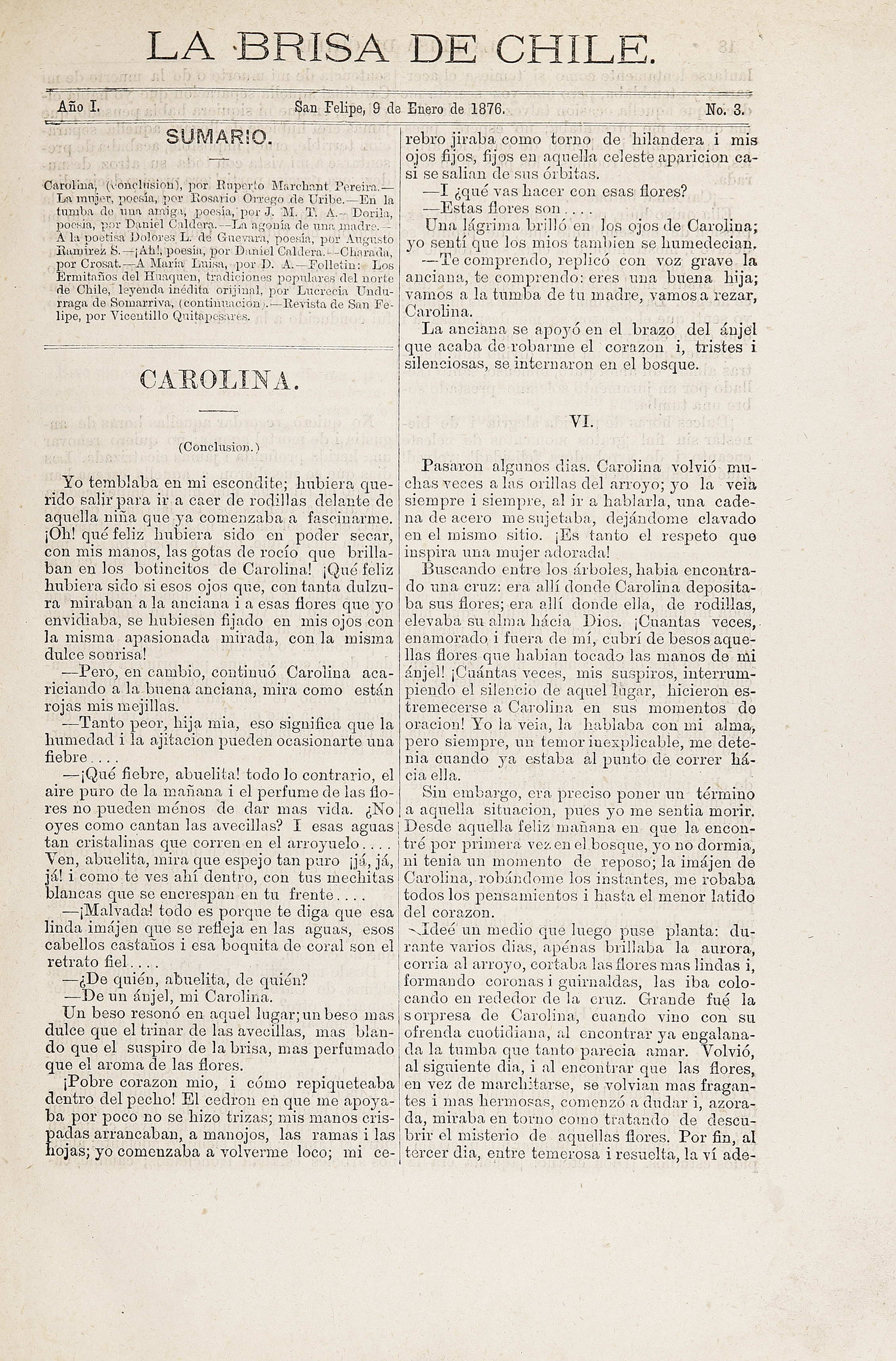 La brisa de Chile. Año 1, número 3, 9 de enero de 1876