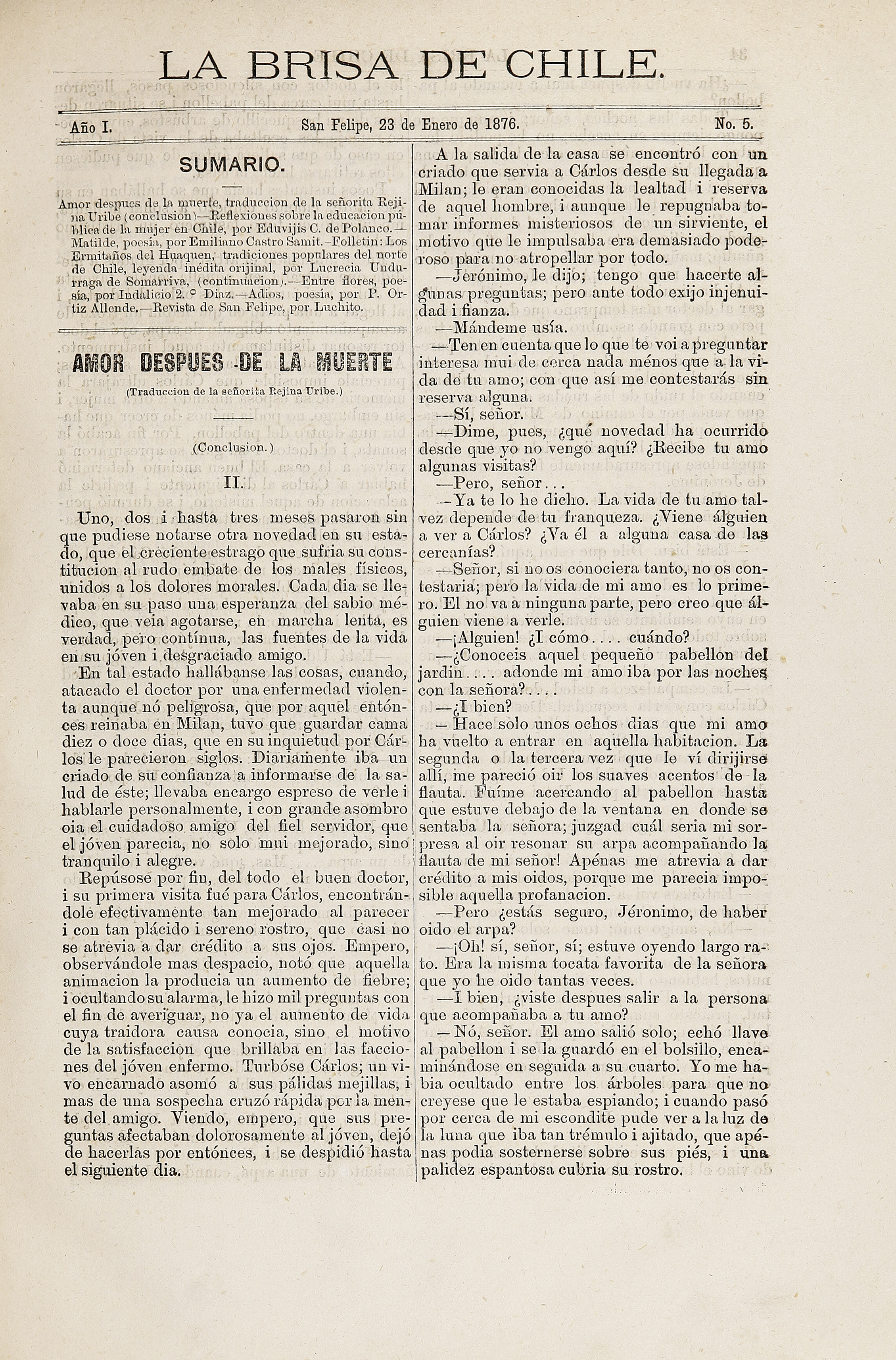 La brisa de Chile. Año 1, número 5, 23 de enero de 1876