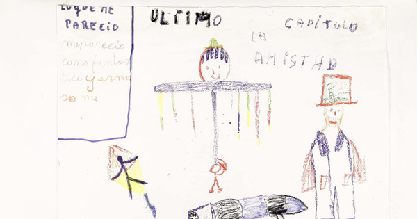 Dibujo de montaje Cada niño una historia, Compañía Escuela Teatro "Q", 1984