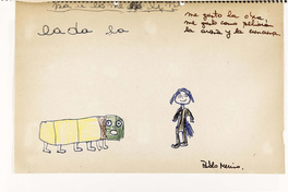 Dibujo de cuncuna de niño que asiste a montaje Cada niño una historia, Compañía Escuela Teatro "Q", 1984