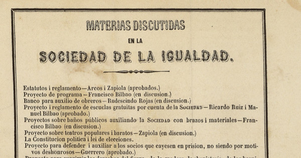 Materias discutidas en la Sociedad de la Igualdad