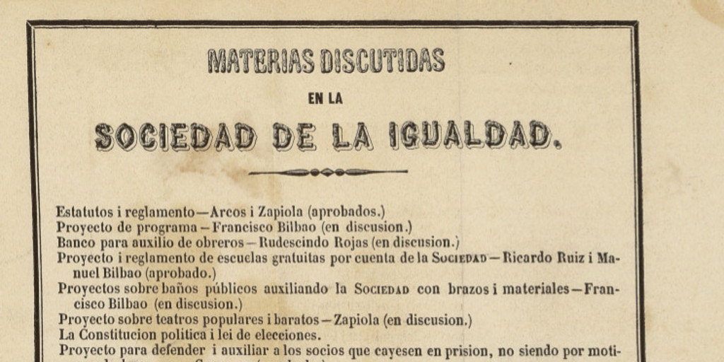 Materias discutidas en la Sociedad de la Igualdad